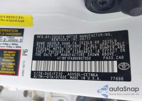 2017 Toyota Camry Le z USA, uszkodzony, nr VIN 4T1BF1FK8HU807050